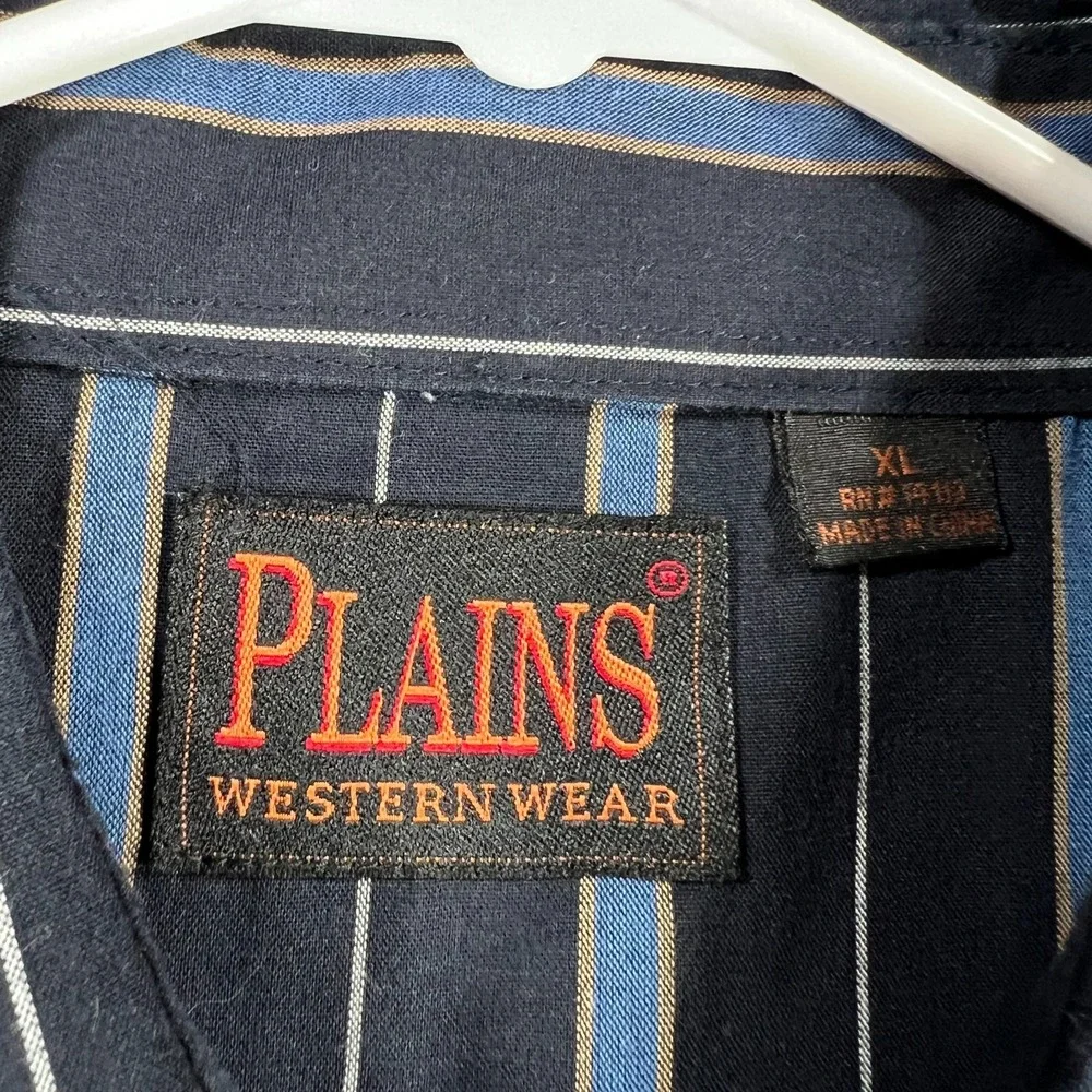 Plains Western Wear Shirt‎ Mens XL Extra Large Blue Striped Short Sleeve Snap